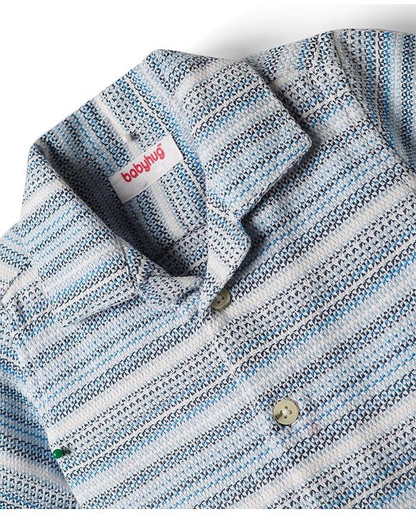Babyhug Cotton Woven Half Sleeves Striped Shirt with Beach Patch - Light Blue