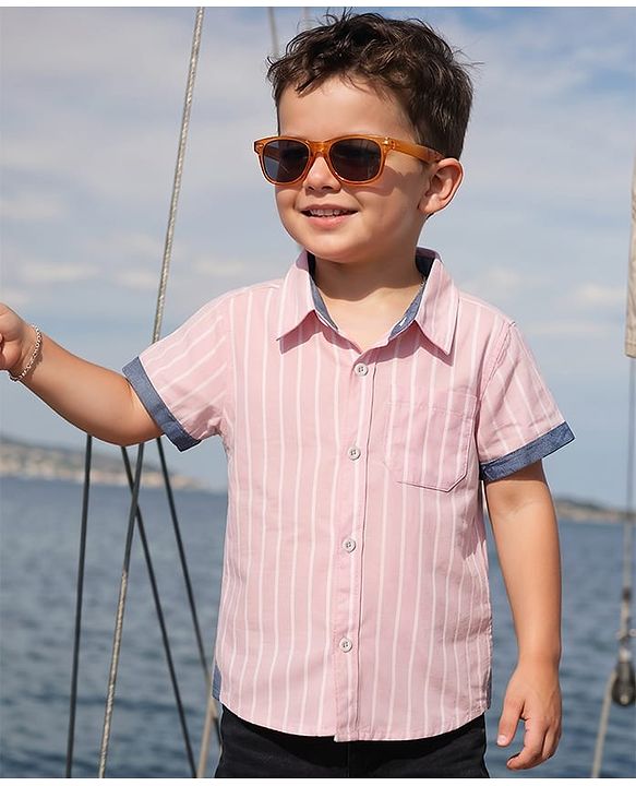 Babyhug Cotton Woven Half Sleeves Shirt with Striped Print - Pink