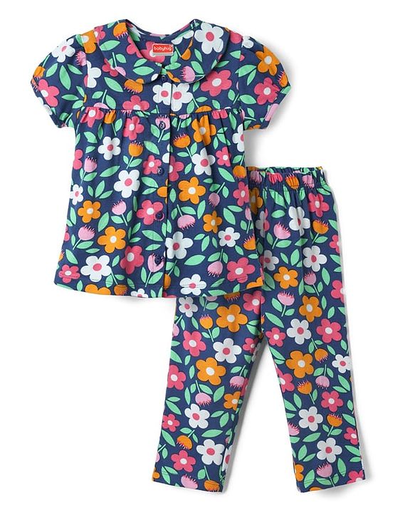 Babyhug Cotton Knit Half Sleeves Front Open Co-ords Night Suit With Floral Print - Navy Blue