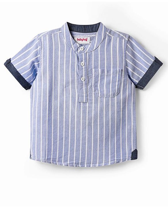 Babyhug 100% Cotton Half Sleeves Striped Shirt With Mandarin Collar - Blue
