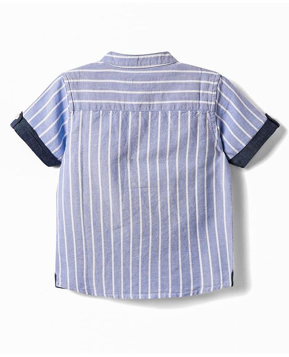 Babyhug 100% Cotton Half Sleeves Striped Shirt With Mandarin Collar - Blue