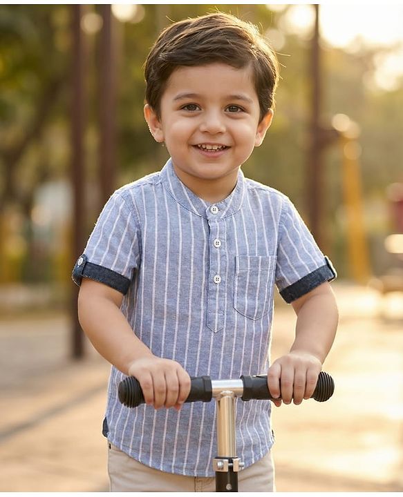 Babyhug 100% Cotton Half Sleeves Striped Shirt With Mandarin Collar - Blue