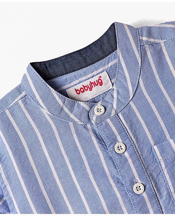 Babyhug 100% Cotton Half Sleeves Striped Shirt With Mandarin Collar - Blue