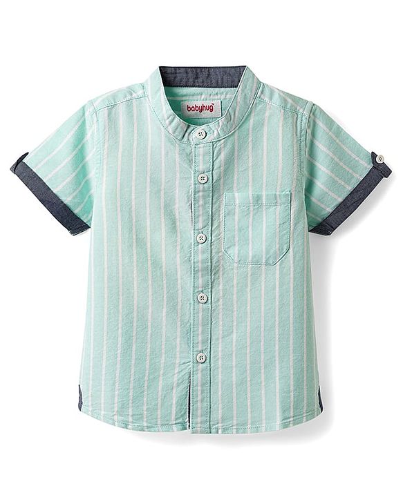 Babyhug 100% Cotton Half Sleeves Striped Shirt With Mandarin Collar - Aqua Blue