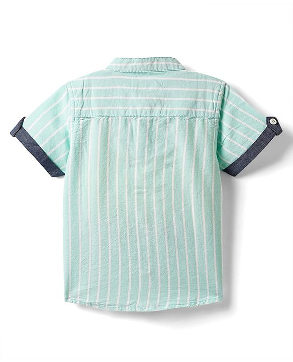 Babyhug 100% Cotton Half Sleeves Striped Shirt With Mandarin Collar - Aqua Blue