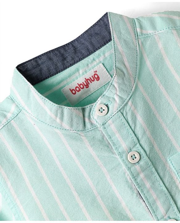 Babyhug 100% Cotton Half Sleeves Striped Shirt With Mandarin Collar - Aqua Blue