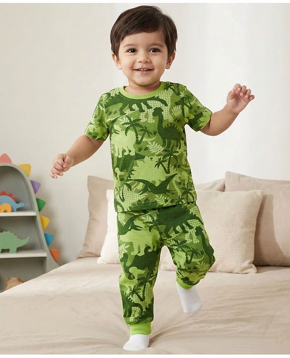 Babyhug Cotton Knit Half Sleeves  Co-ords Night Suit With Dino Print - Green