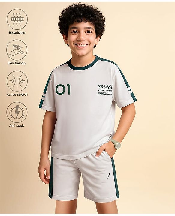 Pine Active Drop Shoulder Half Sleeves T-Shirt & Shorts Set with Racing Print - White