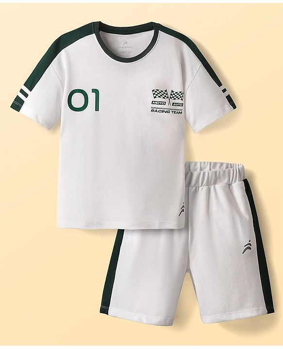 Pine Active Drop Shoulder Half Sleeves T-Shirt & Shorts Set with Racing Print - White