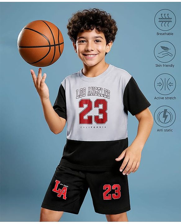Pine Active Drop Shoulder Half Sleeves T-Shirt & Shorts Set with Los Angeles Print - Black & Offwhite