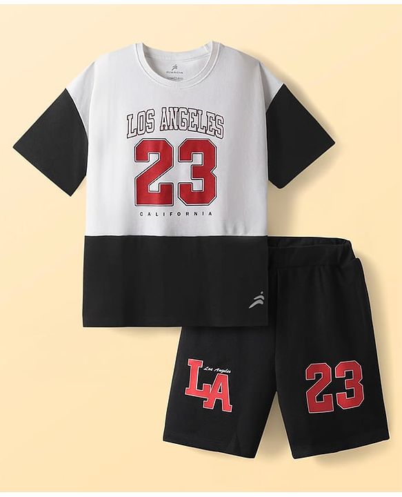 Pine Active Drop Shoulder Half Sleeves T-Shirt & Shorts Set with Los Angeles Print - Black & Offwhite