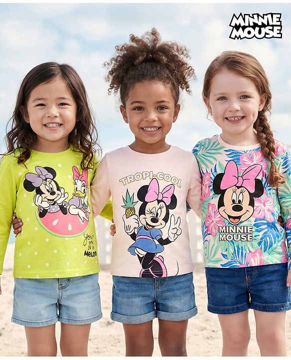 Babyhug Disney Single Jersey Knit Full Sleeve T-Shirt with Minnie Mouse Graphic Pack of 3 - Limegreen & White