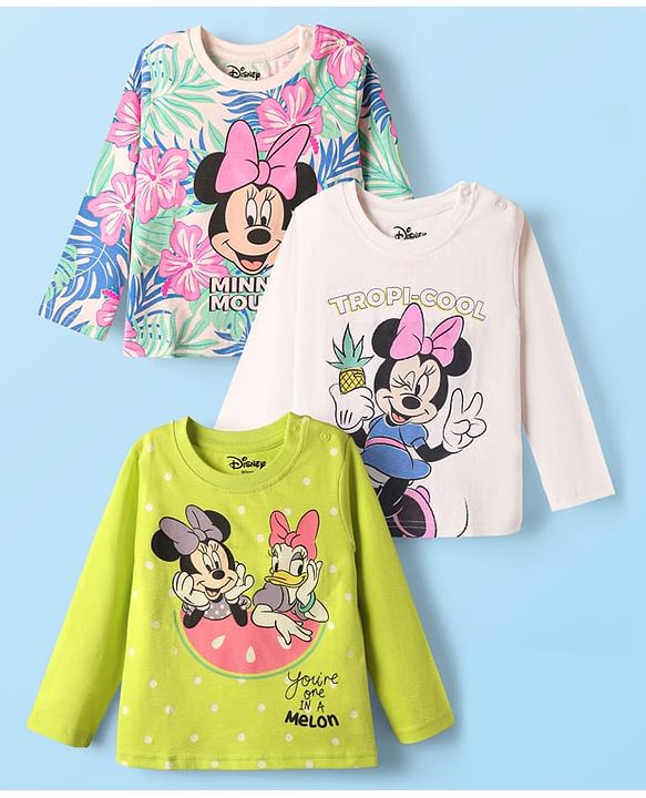 Babyhug Disney Single Jersey Knit Full Sleeve T-Shirt with Minnie Mouse Graphic Pack of 3 - Limegreen & White