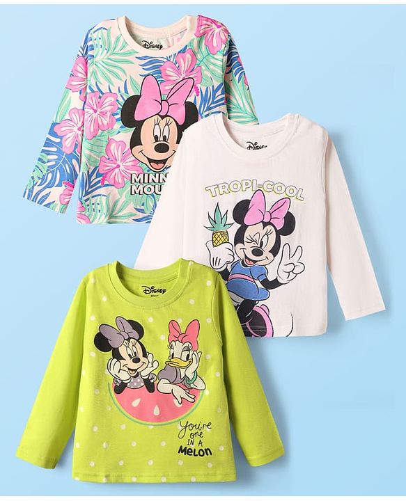 Babyhug Disney Single Jersey Knit Full Sleeve T-Shirt with Minnie Mouse Graphic Pack of 3 - Limegreen & White