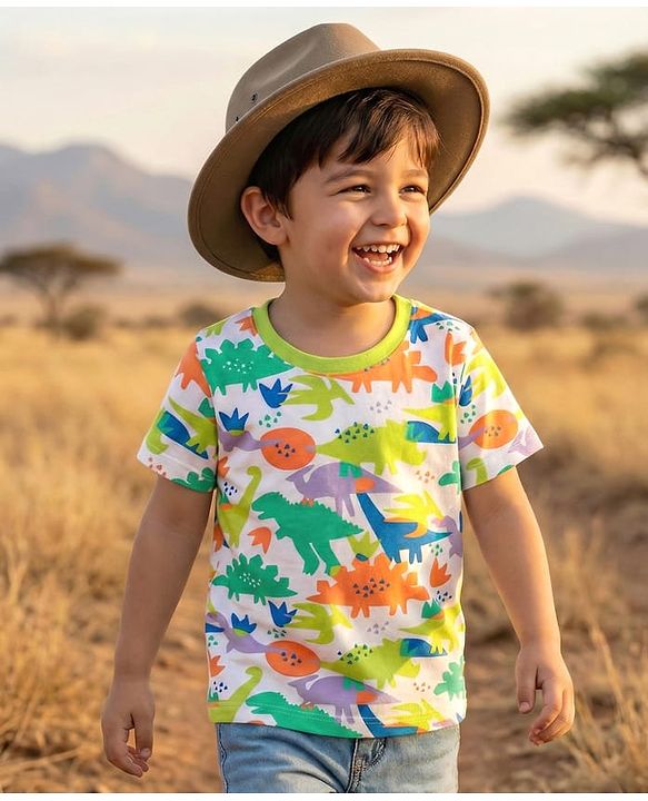 Babyhug 100% Cotton Knit Half Sleeves T-Shirt with Dino Print - White