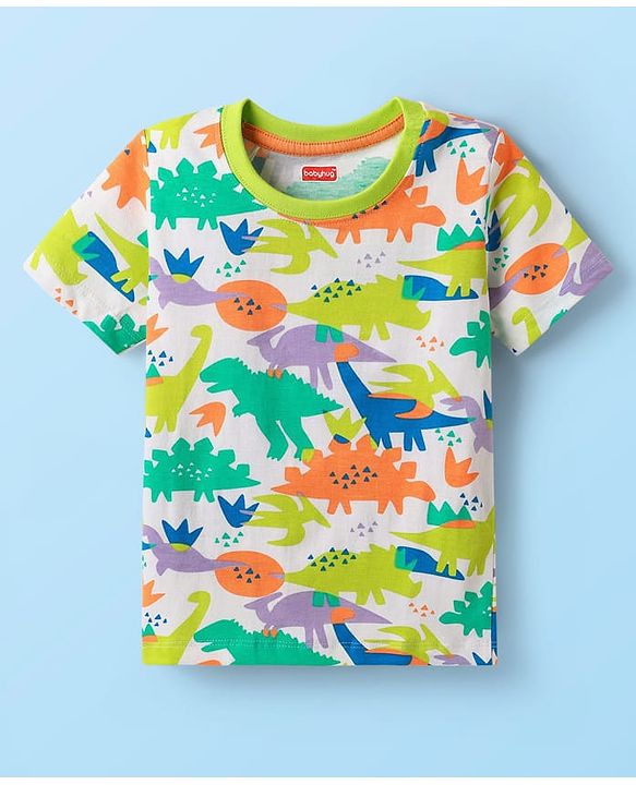 Babyhug 100% Cotton Knit Half Sleeves T-Shirt with Dino Print - White