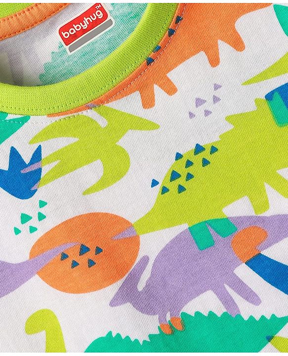 Babyhug 100% Cotton Knit Half Sleeves T-Shirt with Dino Print - White
