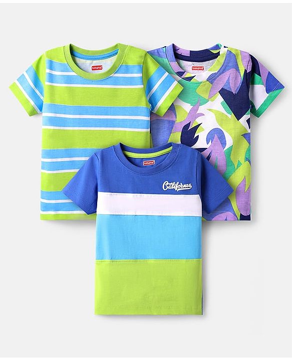 Babyhug Cotton Knit Half Sleeves T-Shirt With Stripes & Abstract Pack Of 3 - Neon Green & Blue