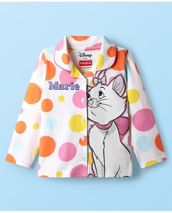 Babyhug Disney Single Jersey Knit Full Sleeves Co-ords Front Open Night Suit With Marie Graphics - White