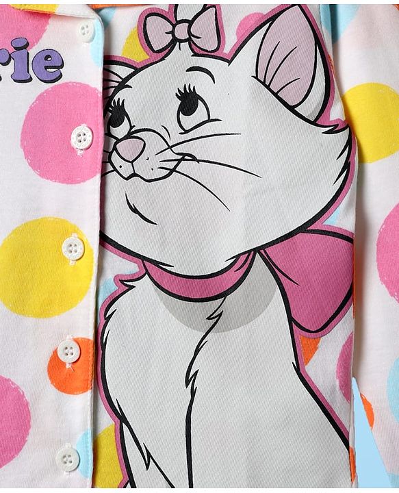 Babyhug Disney Single Jersey Knit Full Sleeves Co-ords Front Open Night Suit With Marie Graphics - White