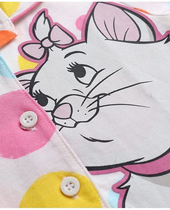 Babyhug Disney Single Jersey Knit Full Sleeves Co-ords Front Open Night Suit With Marie Graphics - White