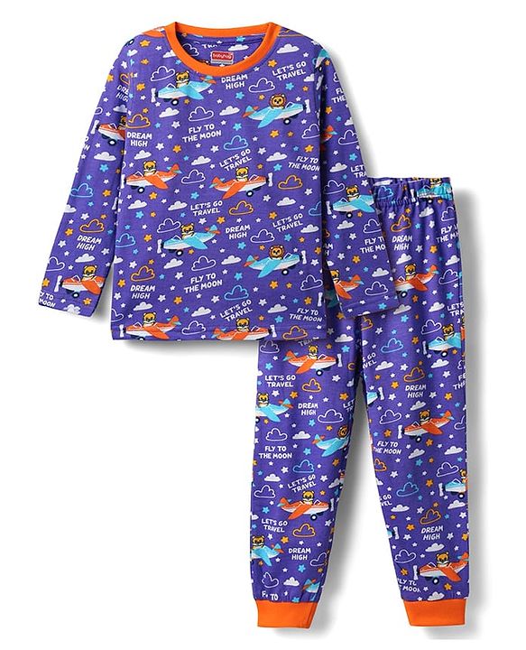 Babyhug Cotton Knit Full Sleeves Co-ords Night Suit With Aeroplane Print - Violet