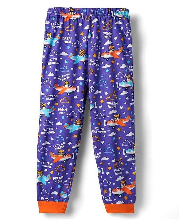Babyhug Cotton Knit Full Sleeves Co-ords Night Suit With Aeroplane Print - Violet