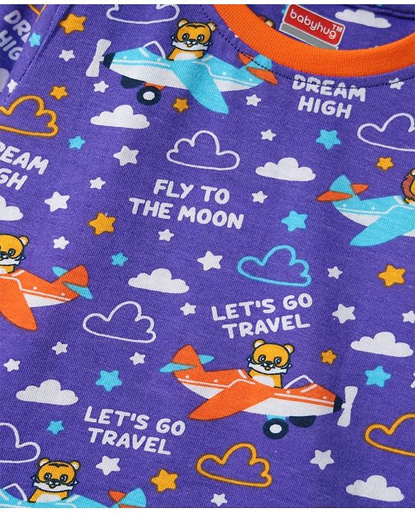 Babyhug Cotton Knit Full Sleeves Co-ords Night Suit With Aeroplane Print - Violet