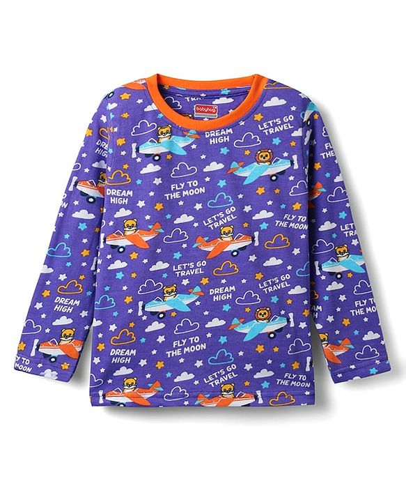 Babyhug Cotton Knit Full Sleeves Co-ords Night Suit With Aeroplane Print - Violet