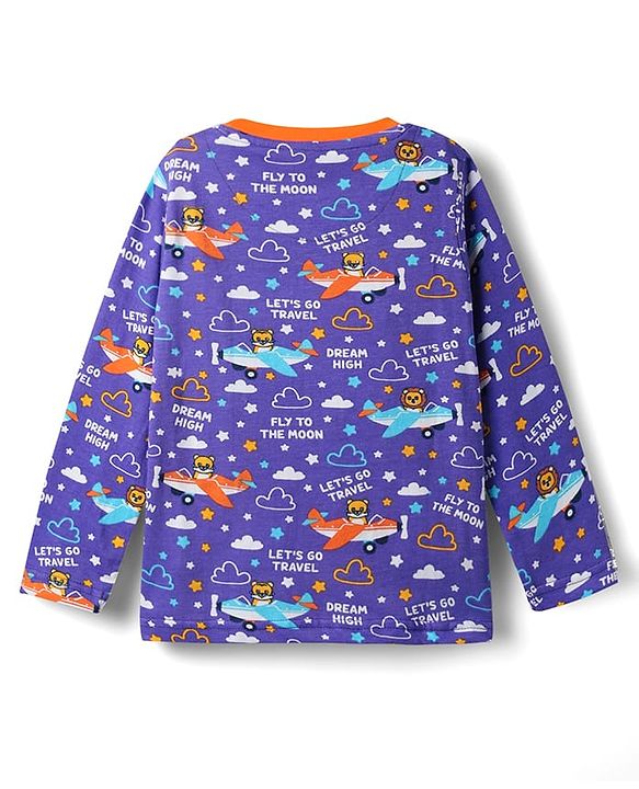 Babyhug Cotton Knit Full Sleeves Co-ords Night Suit With Aeroplane Print - Violet