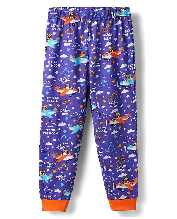 Babyhug Cotton Knit Full Sleeves Co-ords Night Suit With Aeroplane Print - Violet