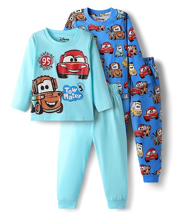 Babyhug Disney Single Jersey Knit Full Sleeves Pyjama Sets  with Car Graphic Pack of 2 - Blue & Light Blue
