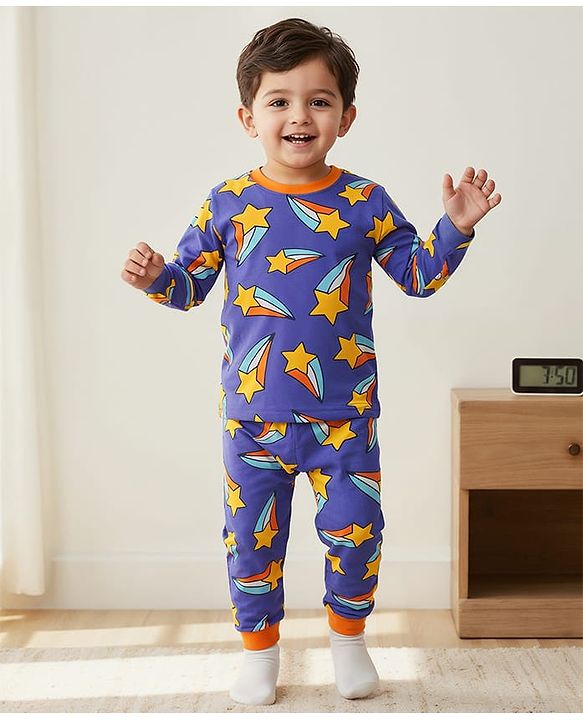 Babyhug Cotton Knit Full Sleeves Co-ords Night Suit With Star Print - Violet
