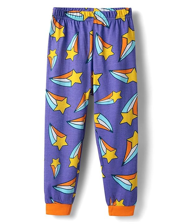 Babyhug Cotton Knit Full Sleeves Co-ords Night Suit With Star Print - Violet