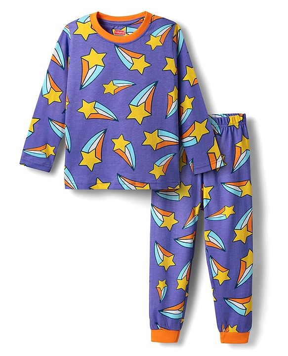 Babyhug Cotton Knit Full Sleeves Co-ords Night Suit With Star Print - Violet