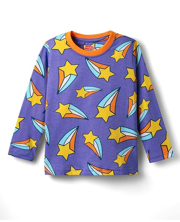 Babyhug Cotton Knit Full Sleeves Co-ords Night Suit With Star Print - Violet