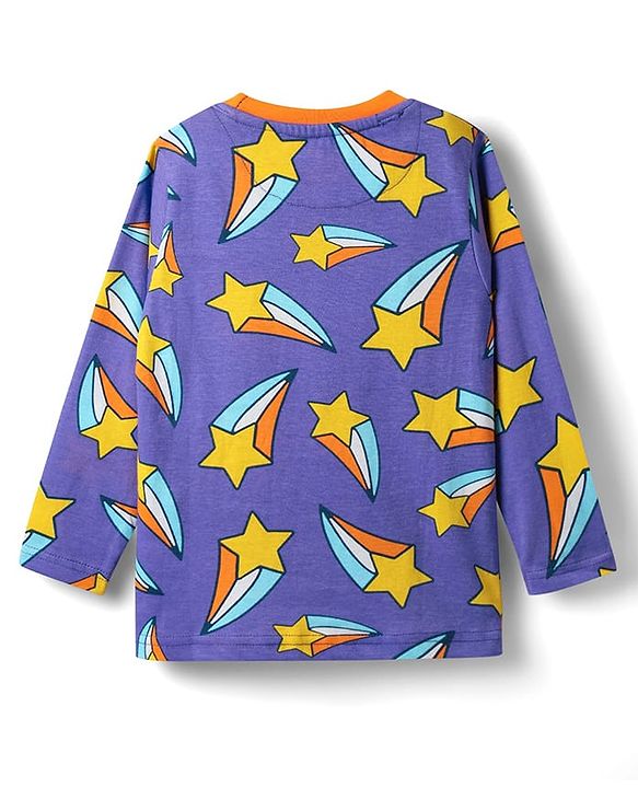 Babyhug Cotton Knit Full Sleeves Co-ords Night Suit With Star Print - Violet