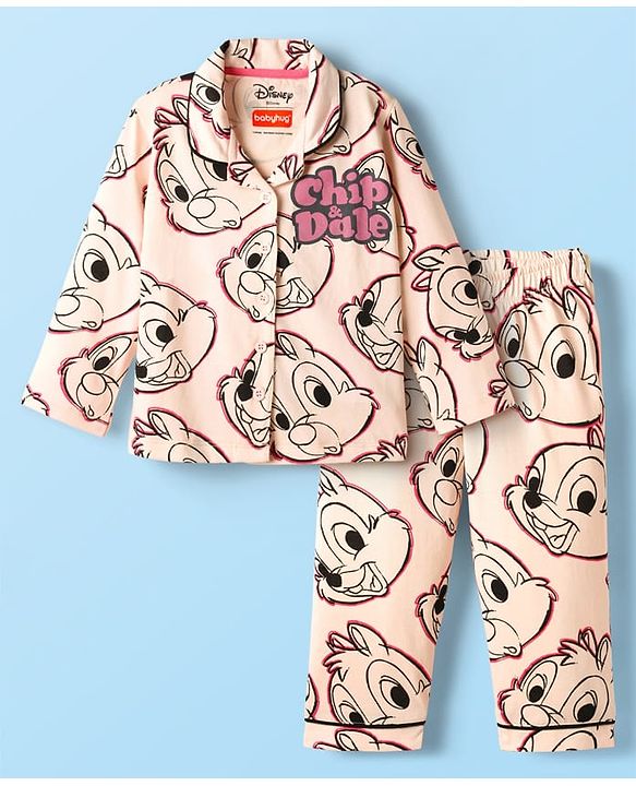 Babyhug Disney 100% Cotton Full Sleeves Front Open Co-Ords Night Suit With Chip 'N Dale Print - Pink