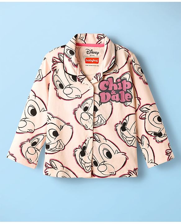 Babyhug Disney 100% Cotton Full Sleeves Front Open Co-Ords Night Suit With Chip 'N Dale Print - Pink