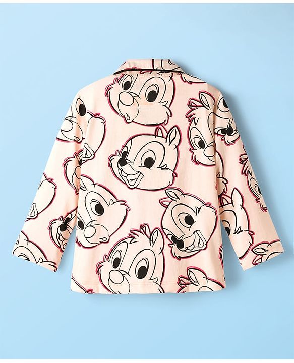 Babyhug Disney 100% Cotton Full Sleeves Front Open Co-Ords Night Suit With Chip 'N Dale Print - Pink