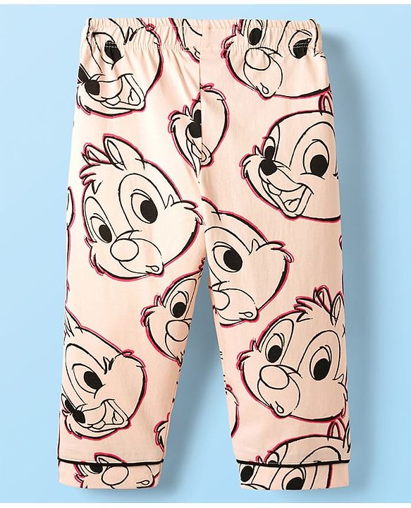 Babyhug Disney 100% Cotton Full Sleeves Front Open Co-Ords Night Suit With Chip 'N Dale Print - Pink