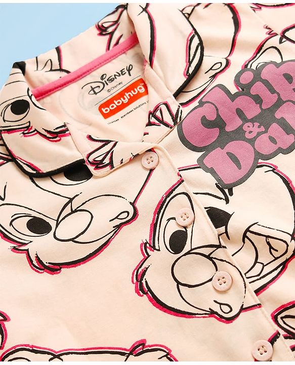 Babyhug Disney 100% Cotton Full Sleeves Front Open Co-Ords Night Suit With Chip 'N Dale Print - Pink