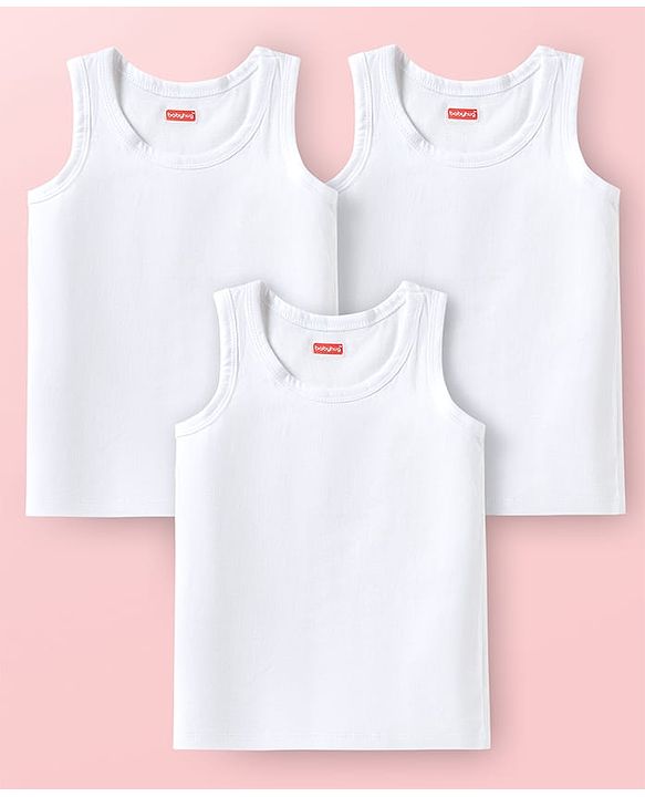 Babyhug 100% Cotton Knit Solid Color Sandos With Pack of 3 - White