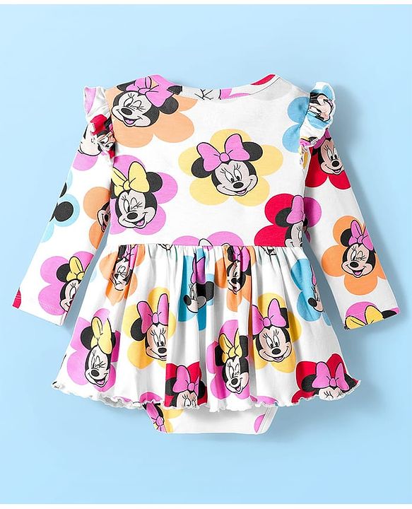 Babyhug Disney Interlock Knit Full Sleeves Frock Style Onesie with Bow Applique & Minnie Mouse Graphics - White