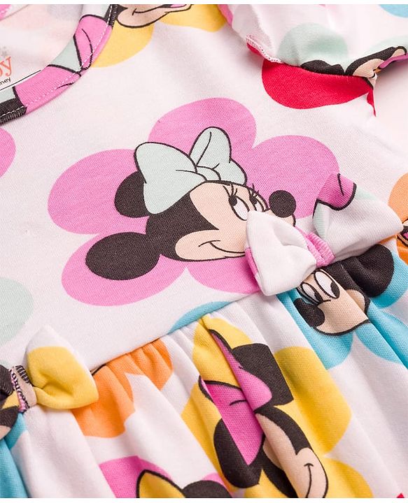 Babyhug Disney Interlock Knit Full Sleeves Frock Style Onesie with Bow Applique & Minnie Mouse Graphics - White