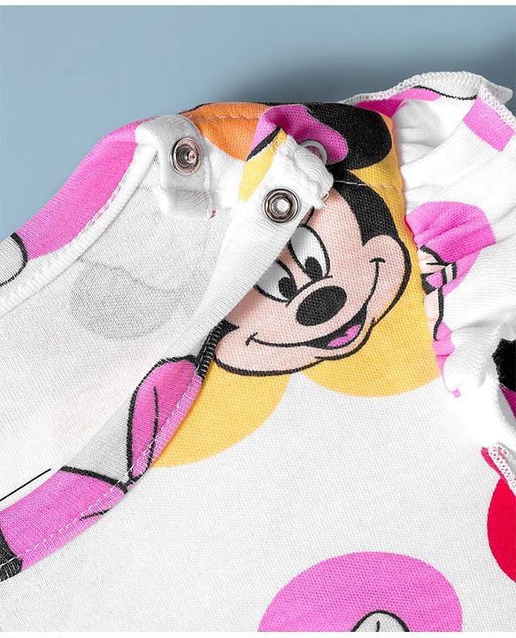 Babyhug Disney Interlock Knit Full Sleeves Frock Style Onesie with Bow Applique & Minnie Mouse Graphics - White