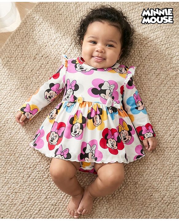 Babyhug Disney Interlock Knit Full Sleeves Frock Style Onesie with Bow Applique & Minnie Mouse Graphics - White