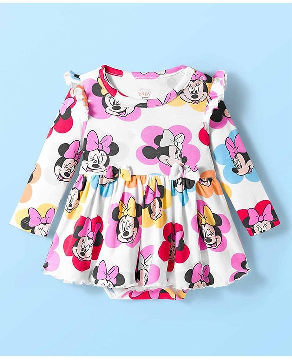 Babyhug Disney Interlock Knit Full Sleeves Frock Style Onesie with Bow Applique & Minnie Mouse Graphics - White