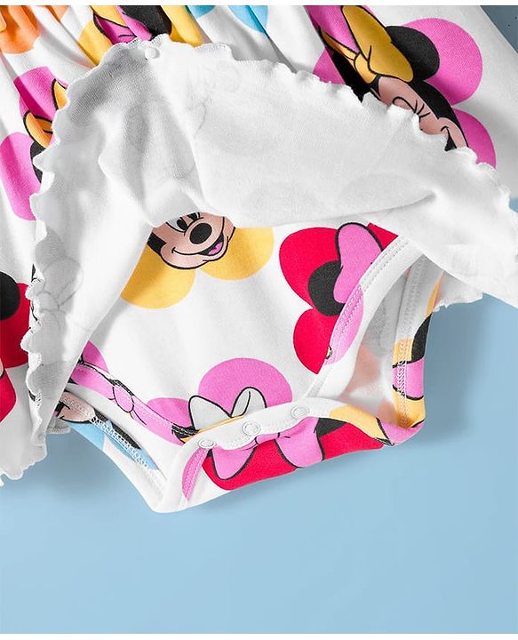 Babyhug Disney Interlock Knit Full Sleeves Frock Style Onesie with Bow Applique & Minnie Mouse Graphics - White