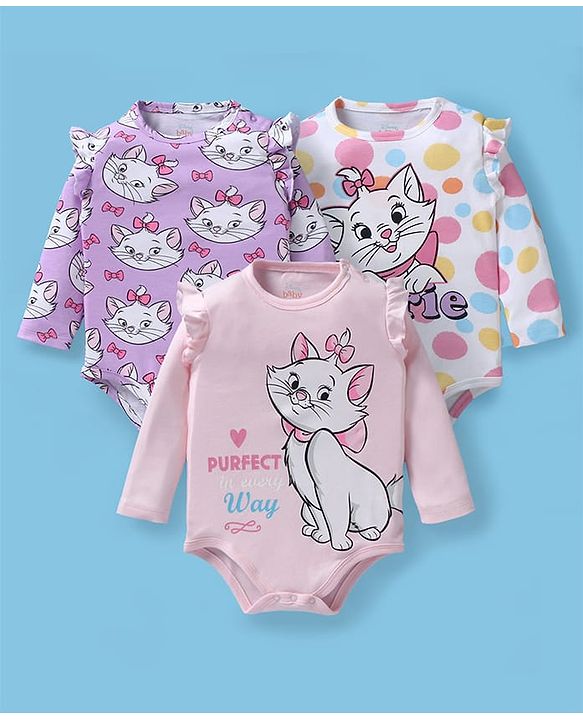 Babyhug Disney Interlock Knit Full Sleeves Onesies With Aristocats Marie Graphics Pack Of 3 - Pink White & Purple